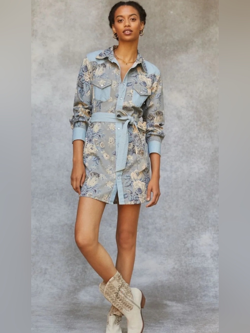 Anthropolgie Love The Label Floral Chambray Western Pearl Snap Belted Dress M